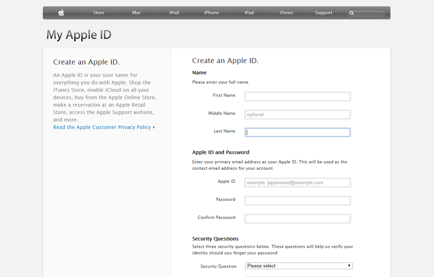 Форма регистрации на сайте Appleid.apple.com
